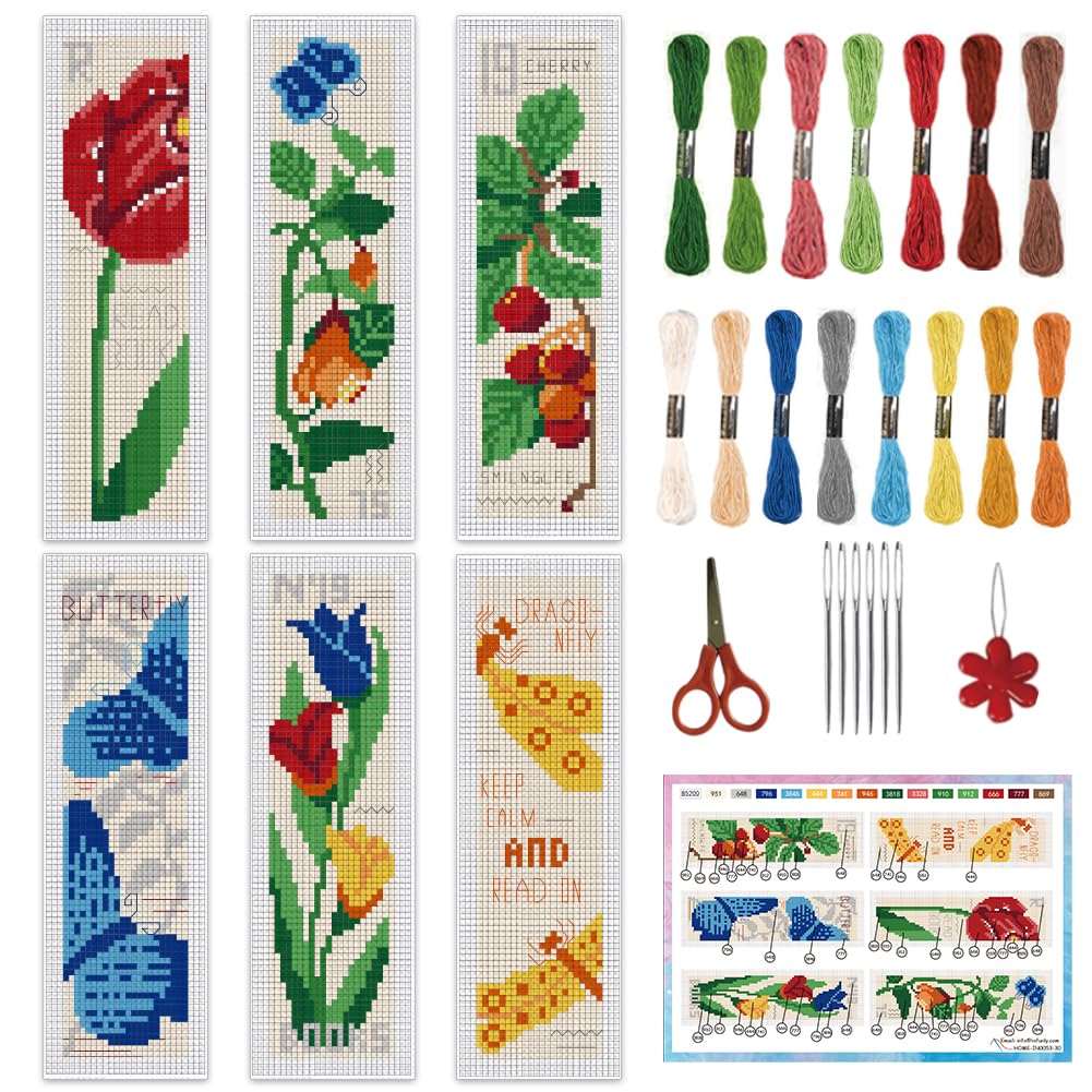 INFUNLY 6PCS Plants and Insects Cross Stitch Bookmark Kits 22×8cm DIY Rose Stamped Embroidery Bookmarks Kit with Instruction Retro Butterflies Counted Cross Stitch Kit for Book Lovers Readers Writers