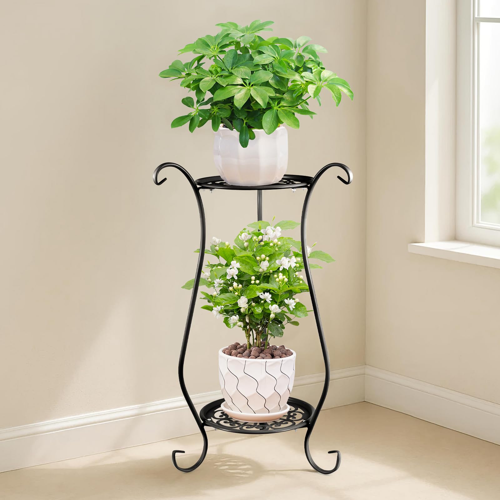 Y.H BLISSHAVEN 2 Tier Metal Plant Stand Indoor Outdoor, Tall Flower Pot Holder Display Rack, Plant Shelf Table for Garden Patio Balcony Living Room Corner, Black Metal Plant Rack 61x33cm (Black)
