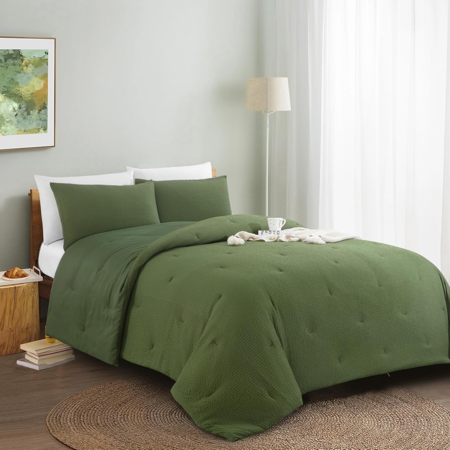 hombys 3 piece seersucker oversized king 120x120, breathable olive green soft lightweight bedding comforter sets with comforter for all season