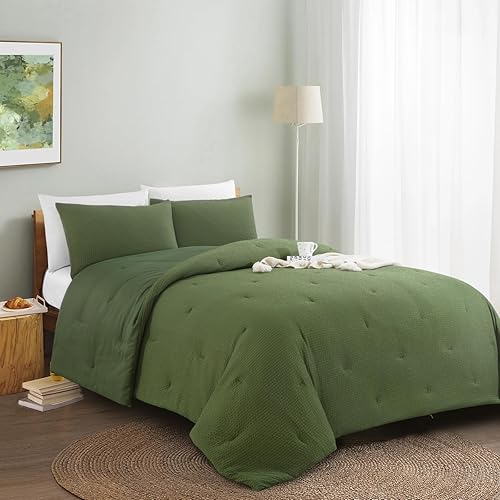 Vista 12 de HOMBYS Juego de edredón de seersucker de 3 piezas tamaño King extragrande 120x120 pulgadas, juego de edredón suave beige transpirable, edredón