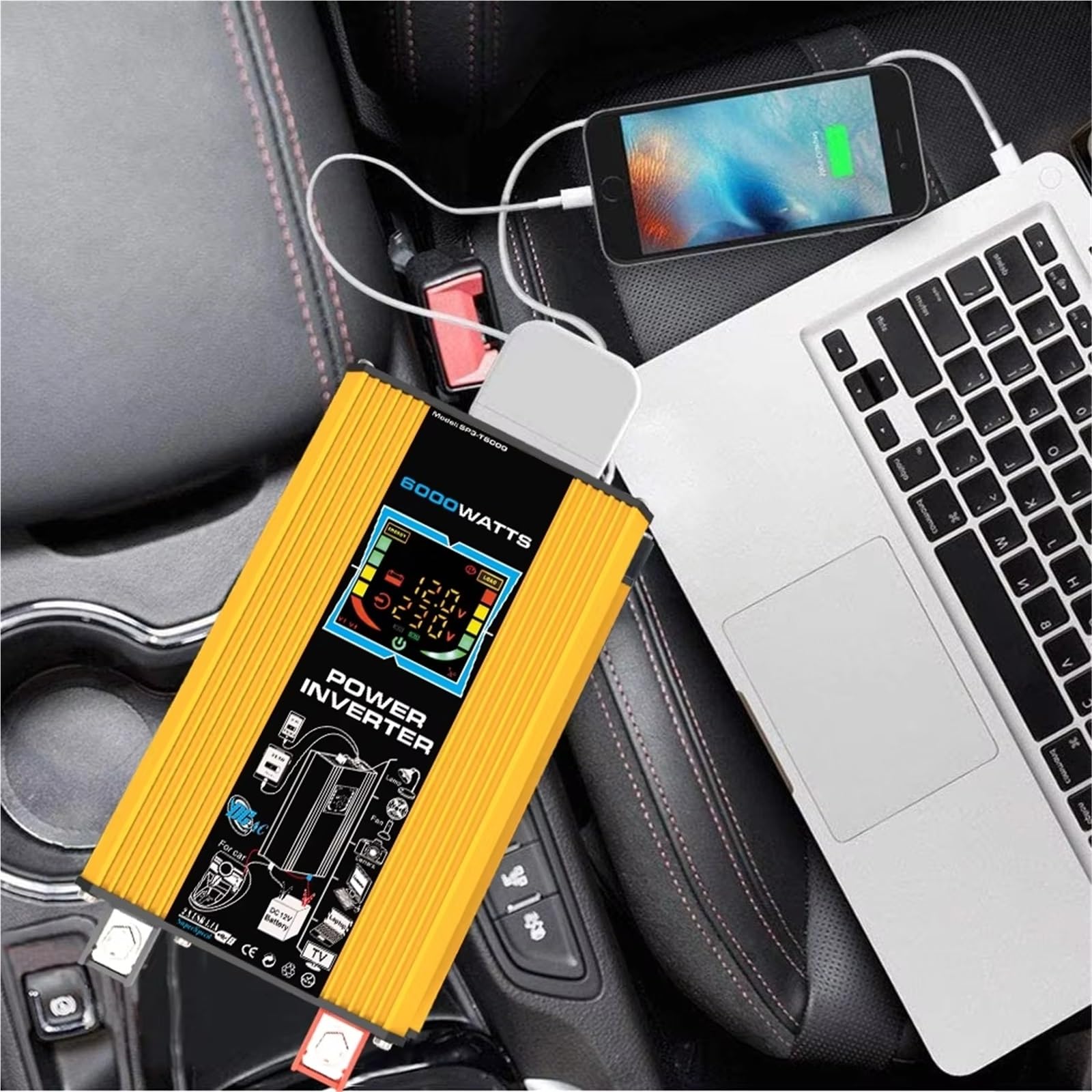 Inversor Inversor Energía Solar Vehículos 6000W (CC 12 V A CA 110 V/220 V) con Pantalla Digital USB Dual Autocaravanas Pequeños Electrodomésticos Inversor de Corriente(AC 110V)