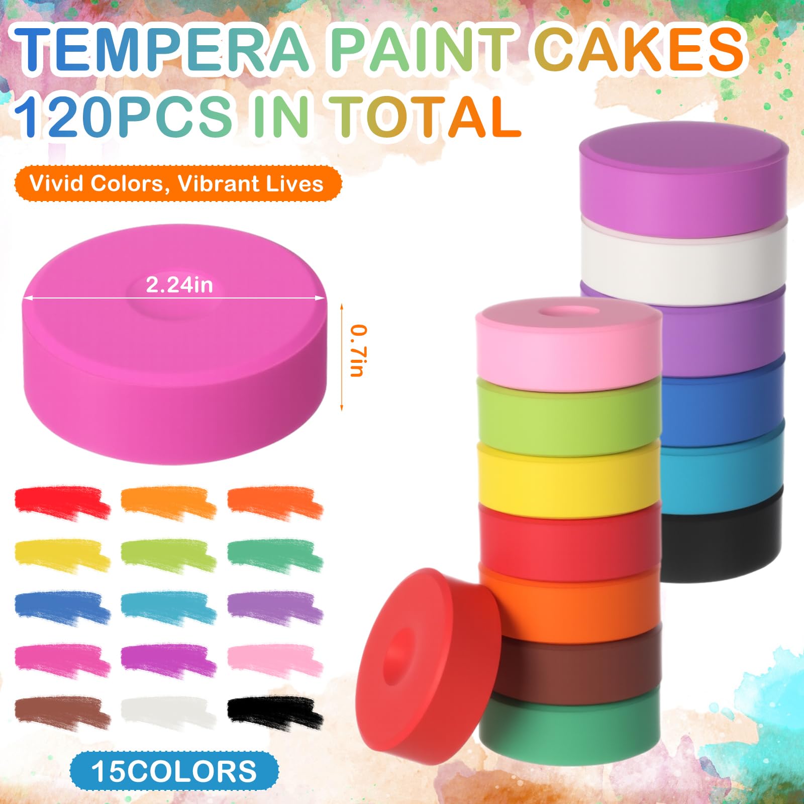 Nuanchu Lot de 120 gâteaux de peinture Tempera 15 couleurs lavables pour peinture, dessin, loisirs créatifs