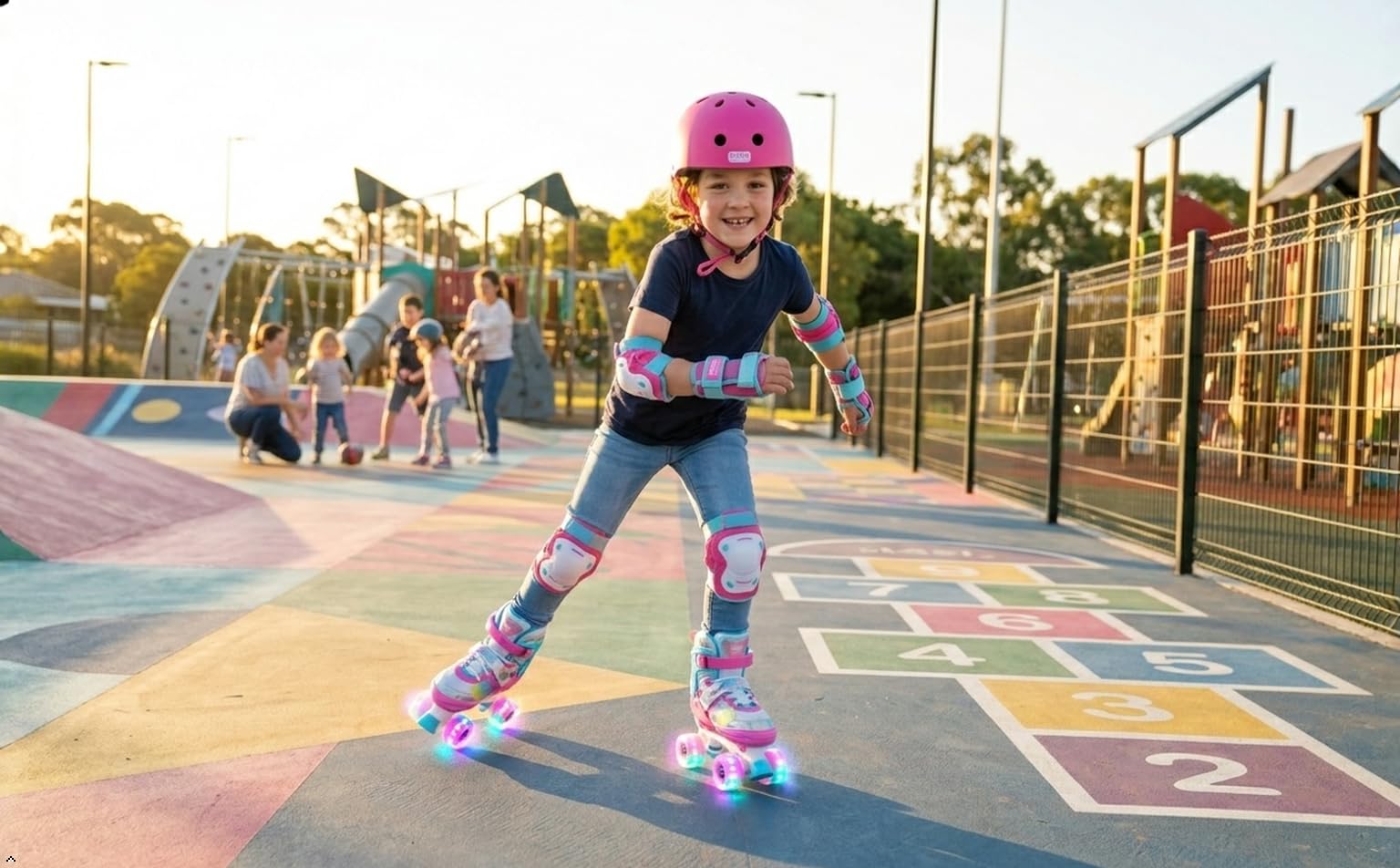 Pattini a 4 ruote per bambini con luci OLSSON Blossom - Taglia regolabile (28-35) tramite pulsante - Cuscinetti ABEC 7 in carbonio - Telaio resistente - Fissaggio regolabile in velcro