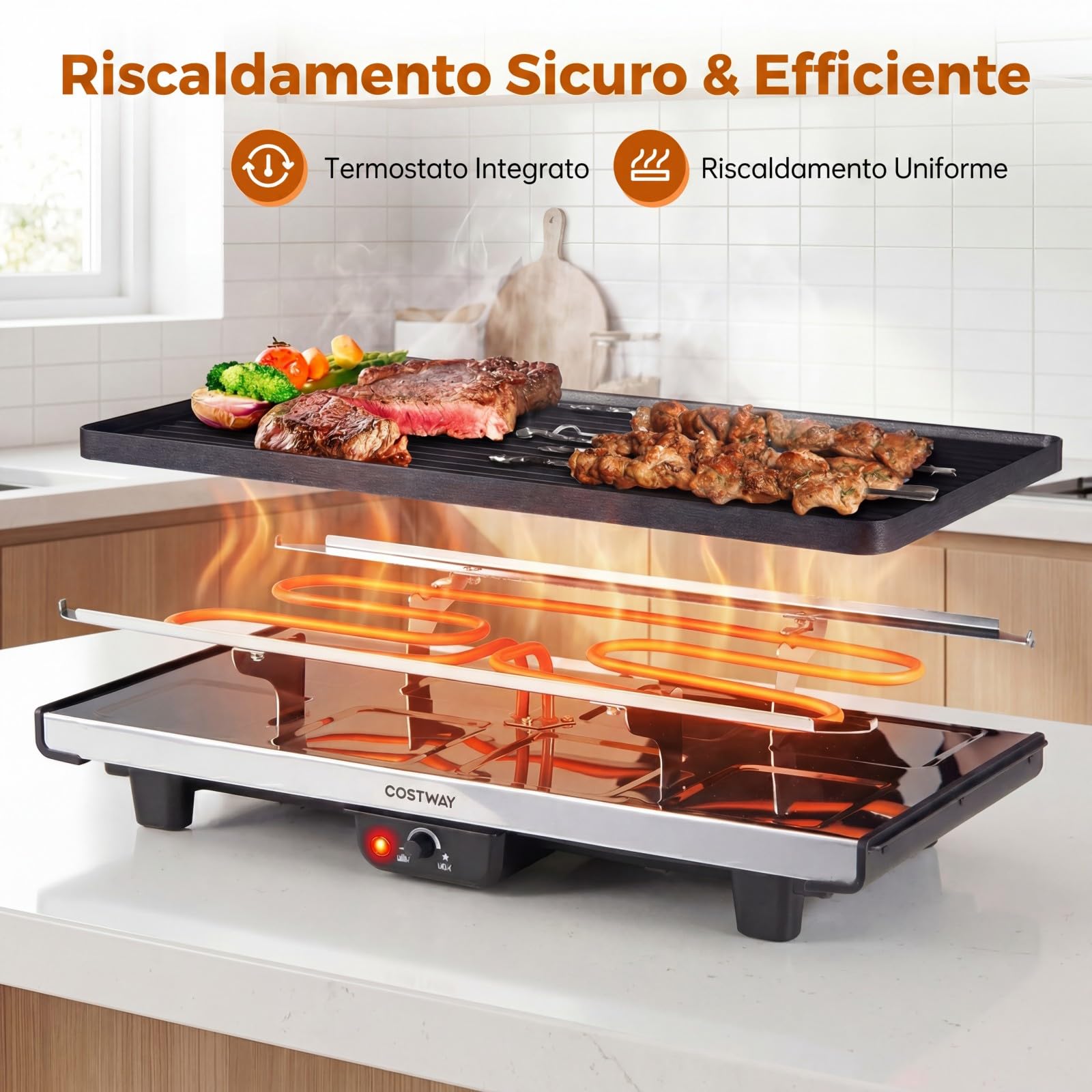 COSTWAY 1400W Piastra Elettrica Antiaderente, Griglia da Tavolo Elettrico | con 8 Padelle, 2 Superfici di Cottura, Temperatura Regolabile, 8 Spatole e Pinza per Pancake e Barbecue, 48 x 24 x 12 cm