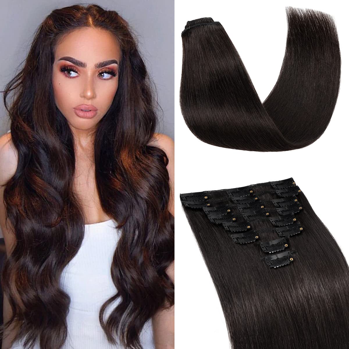 S-noilite Clip in Hair Extensions Real Human Hair,8Pcs with 18 Clips Remy  Natural Hair Extension Full Head Thin Weft Silky Seamless Hair Extensions