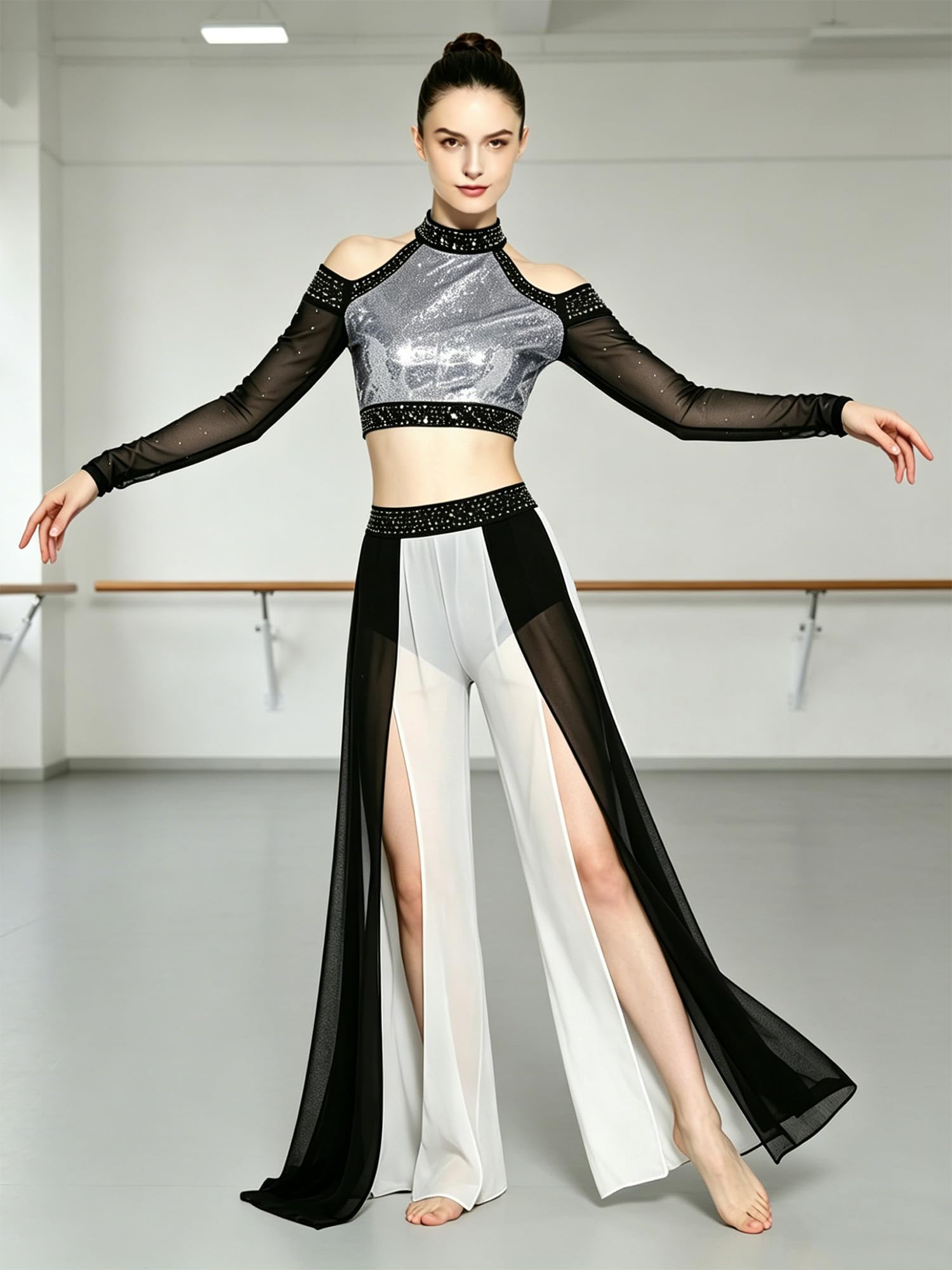 iEFiEL Donna Abbigliamento da Ballo Lirico A Due Pezzi Truccoletti con Sequine + Pantaloni Largo Pantalone Fenduti Completo Danza del Ventre