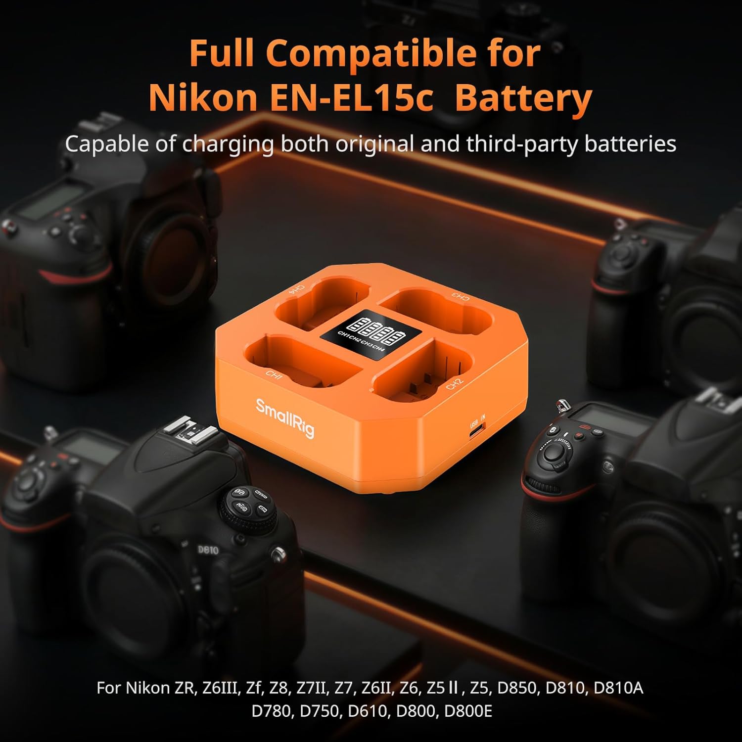 SmallRig EN-EL15c 4-Channel Camera Battery Charger for Nikon, 3H PD45W Fast Charging, LED Indicator, Full Compatible with Nikon ZR Z6III Zf Z8 Z7II Z7 Z6II D850 D810 D780 D750 D500 D7500 D7200 Battery