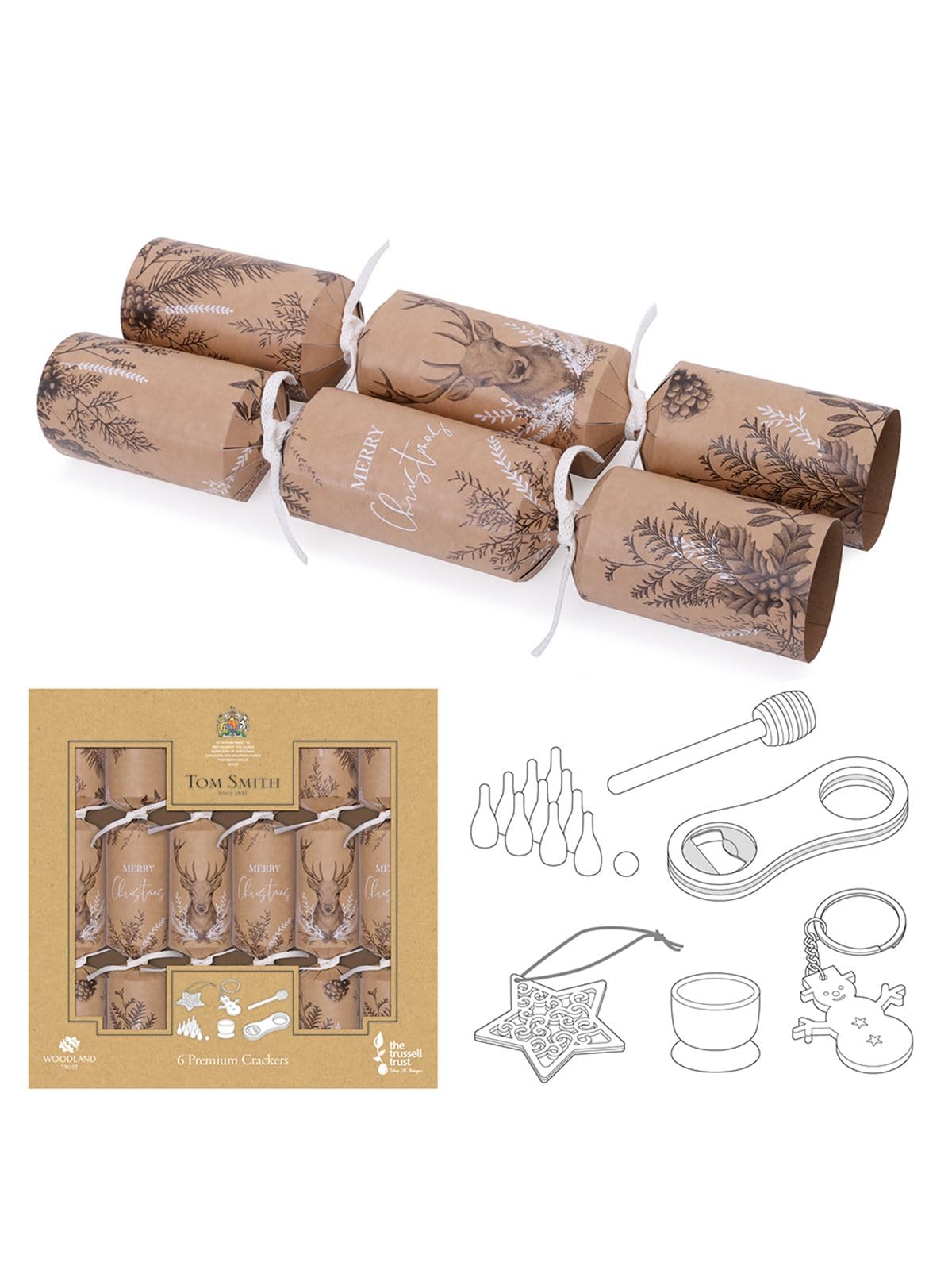Tom Smith Brown Pack 6 Eco Charity Christmas Crackers Eco Kraft Stag Merry Christmas 33Cm