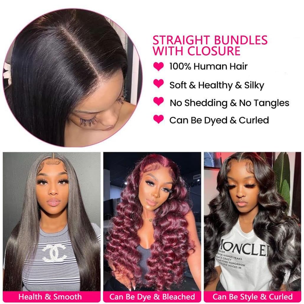 Amazon.com : 12A Straight Bundles with Closure Human Hair(24  display picture 1