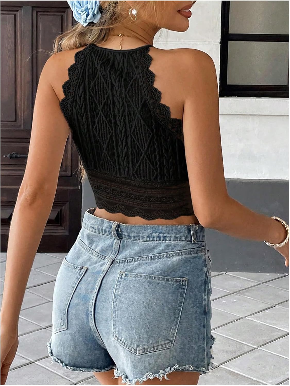 SHENHE Women's Summer Lace Trim Halter Crop Top High Neck Sleeveless Beach Vacation Tank - Image 2
