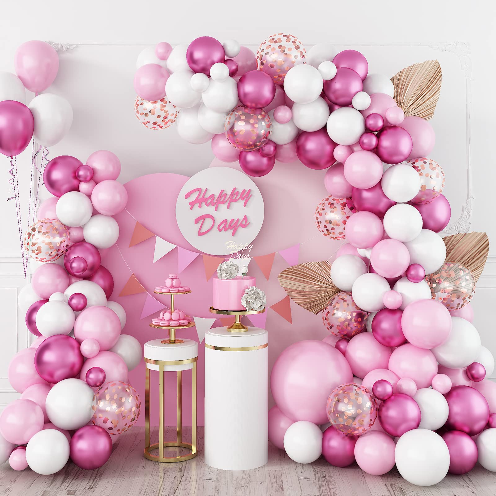Pink Balloon Arch Kit, Hot Pink White Balloon Garland Kit with Baby Pink Metallic Rose Red Latex Balloons Rose Gold Confetti Balloons for Girls Baby Shower Wedding Butterfly Birthday Party Decorations