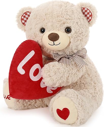 MaoGoLan Oso de peluche beige, oso de peluche de 14 pulgadas con corazón rojo de amor para abrazar, regalo para novia, niños, mamá, día de San