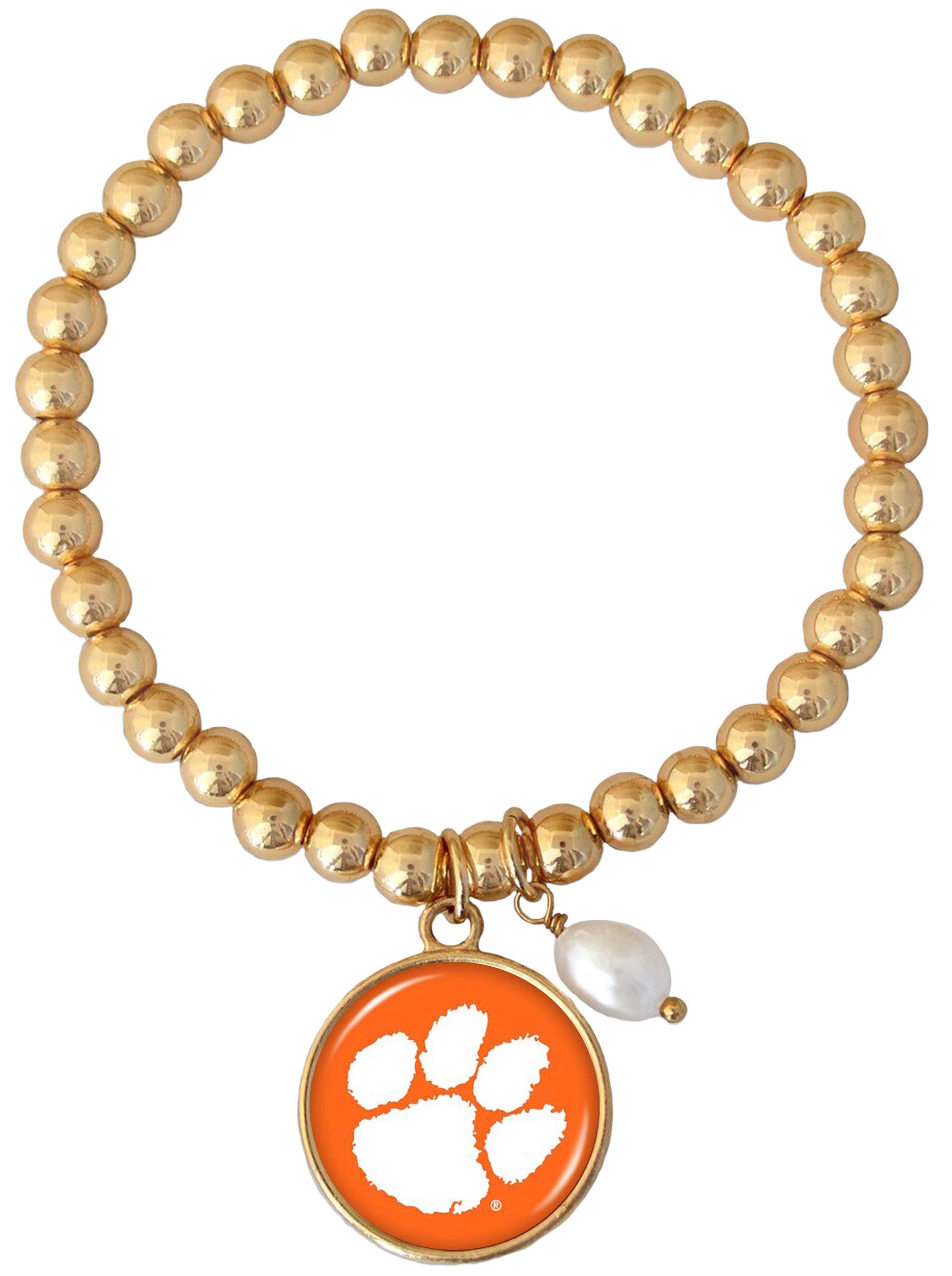 Clemson Tigers Diana Gold and Pearl Stretch Bead Bracelet Jewelry CU