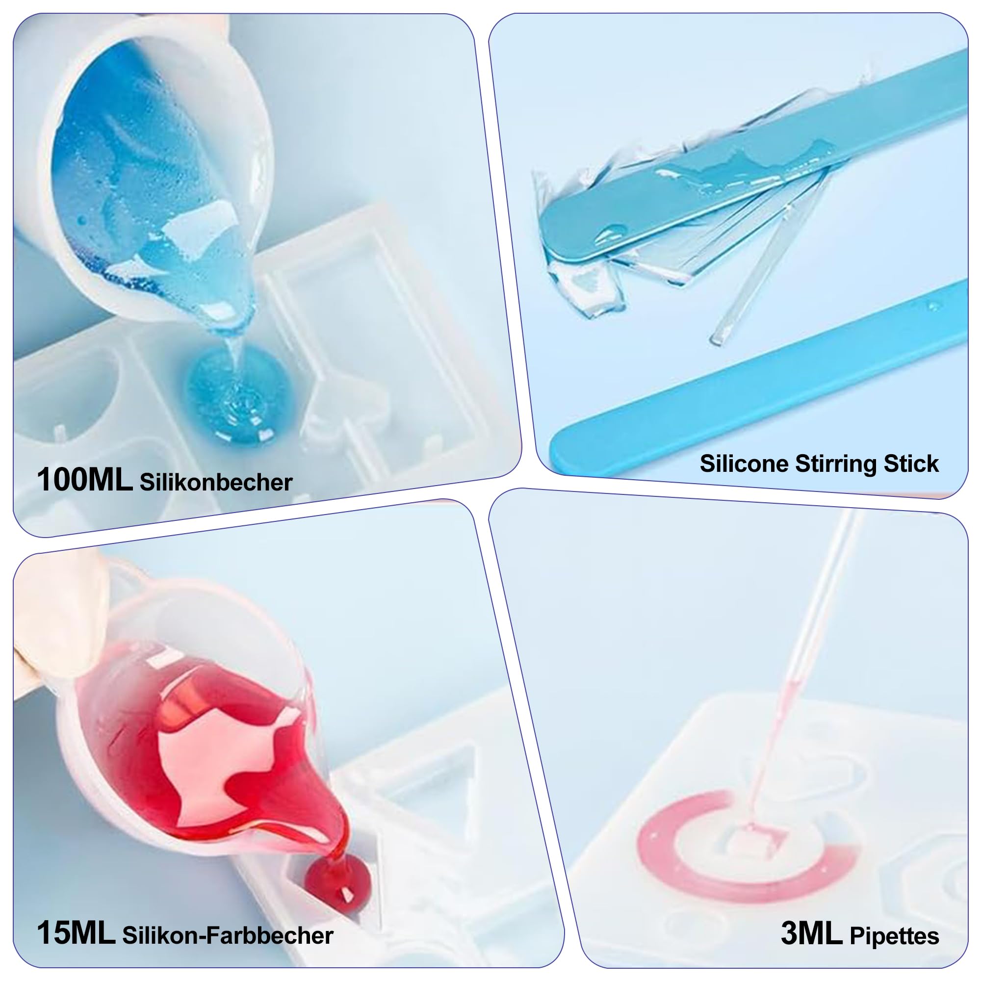 Lot de gobelets doseurs en silicone pour résine époxy, 1500 ml/1000 ml/500 ml/1000 ml, verre doseur en silicone, facile à nettoyer