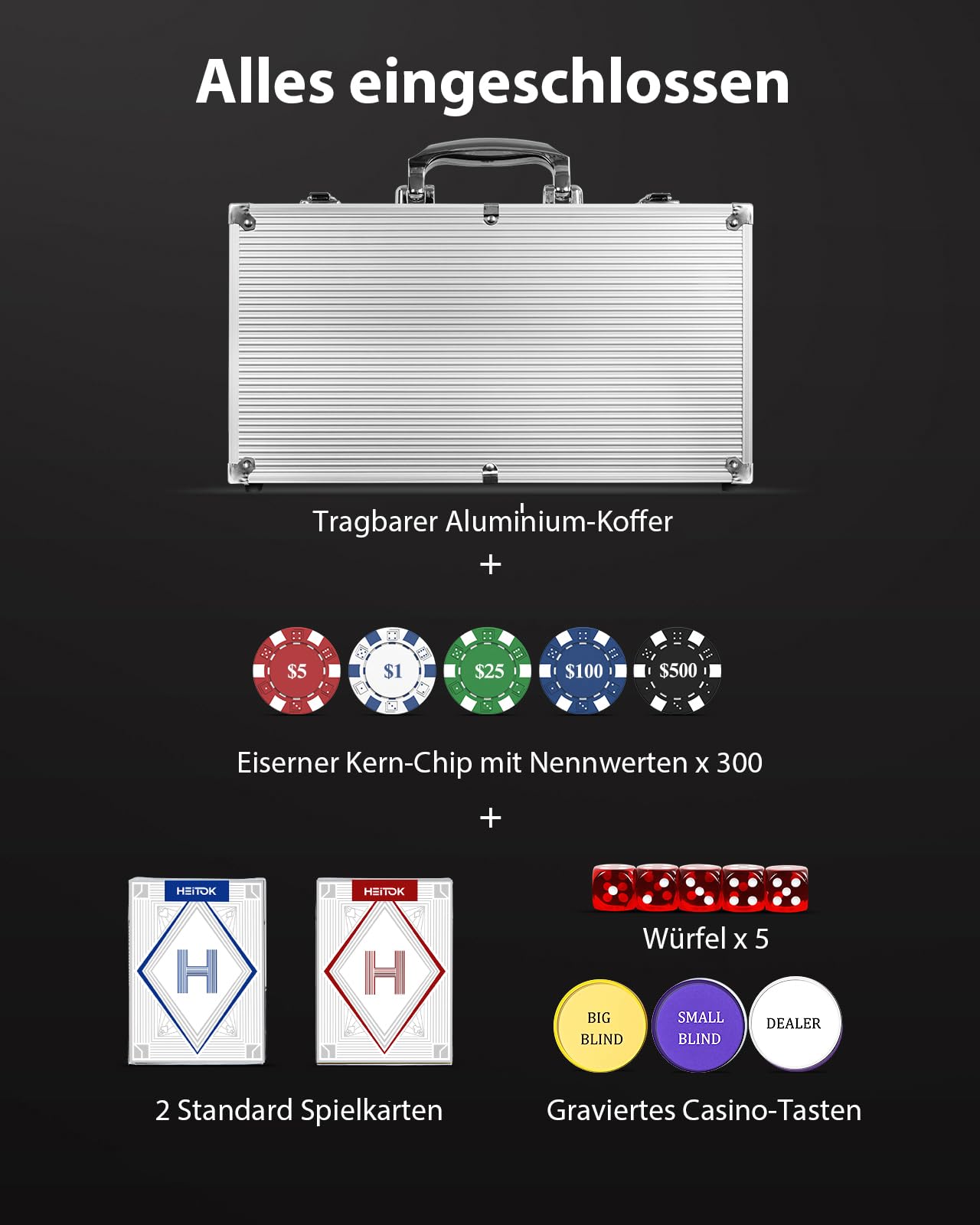 HEITOK Pokerkoffer 300 Stück – Texas Holdem Set mit 11,5g Chips, Alu-Koffer, Karten, Würfel & Button - 5