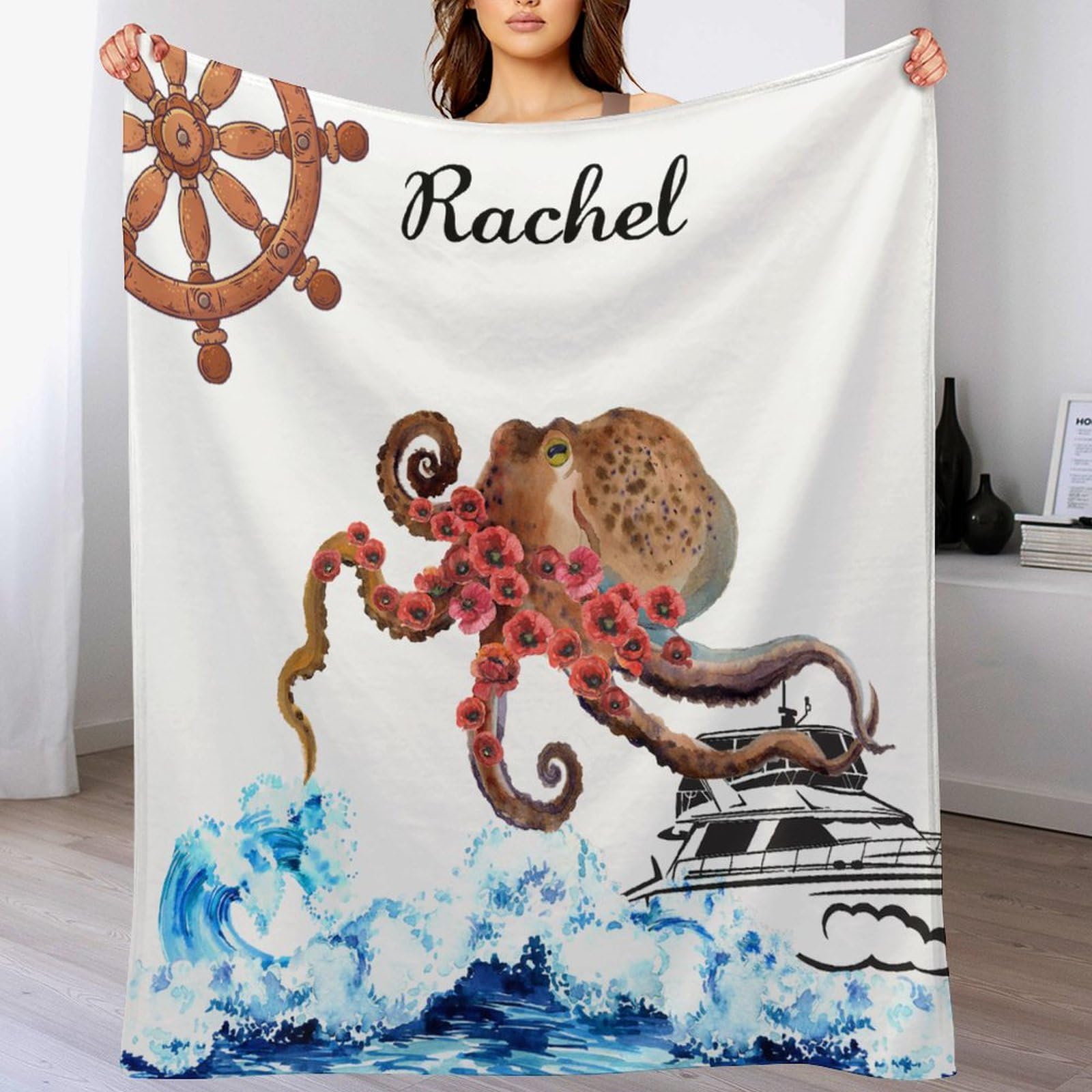 PODbyyou Rudder Coastal Sea Life Octopus Bed Throws Blankets Custom Name  Fleece Blanket 50x60in Watercolor Blue Ocean Wave Sailing Ship Warm Throw  Blanket for Bed Sofa for All Seasons : Amazon.co.uk: Home