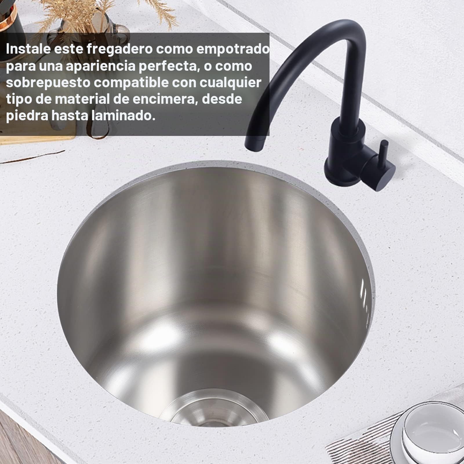 Mini Fregadero de Cocina Redondo Barra de Acero Inoxidable, Fregadero de Cocina Barra de Acero Inoxidable Lavabo Redondo con Tubo de desagüe 30 cm de diámetro
