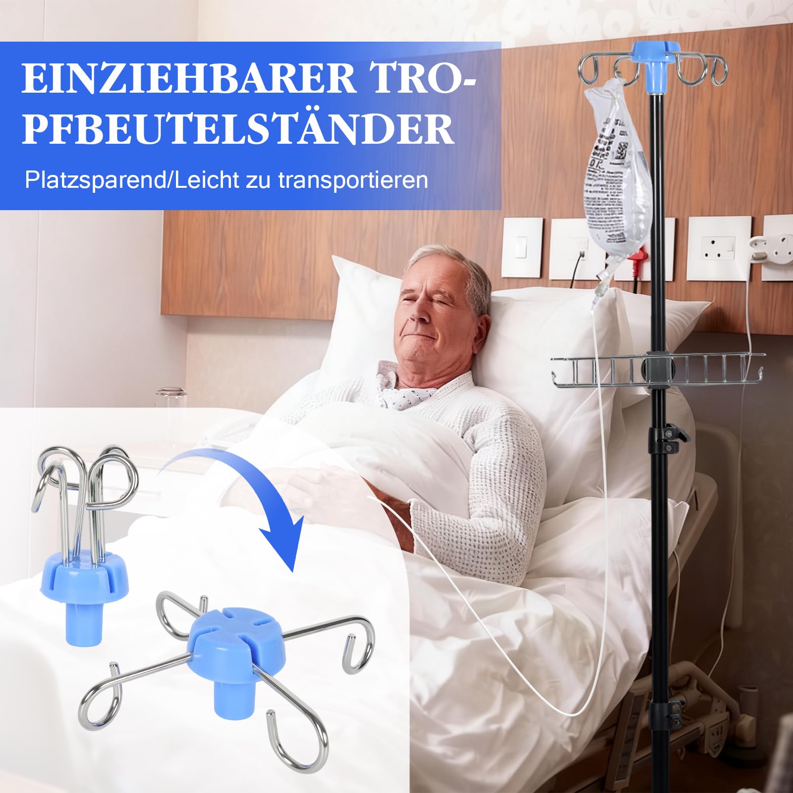 Soporte de infusión con ruedas y cesta de almacenamiento, plegable, altura ajustable, soporte IV con 4 ganchos y 3 ruedas, soporte portátil para infusión, para hospital, cuidado del hogar y viajes