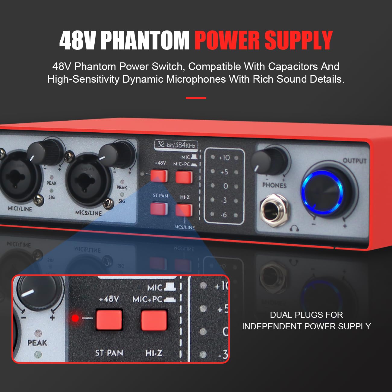 Interfaz de audio USB 2 en 2 salidas, 32 bits/384 kHz DSP, grabación de tarjeta de sonido, mezclador de audio, interfaz de audio para estudio en casa, puede conectar un micrófono de