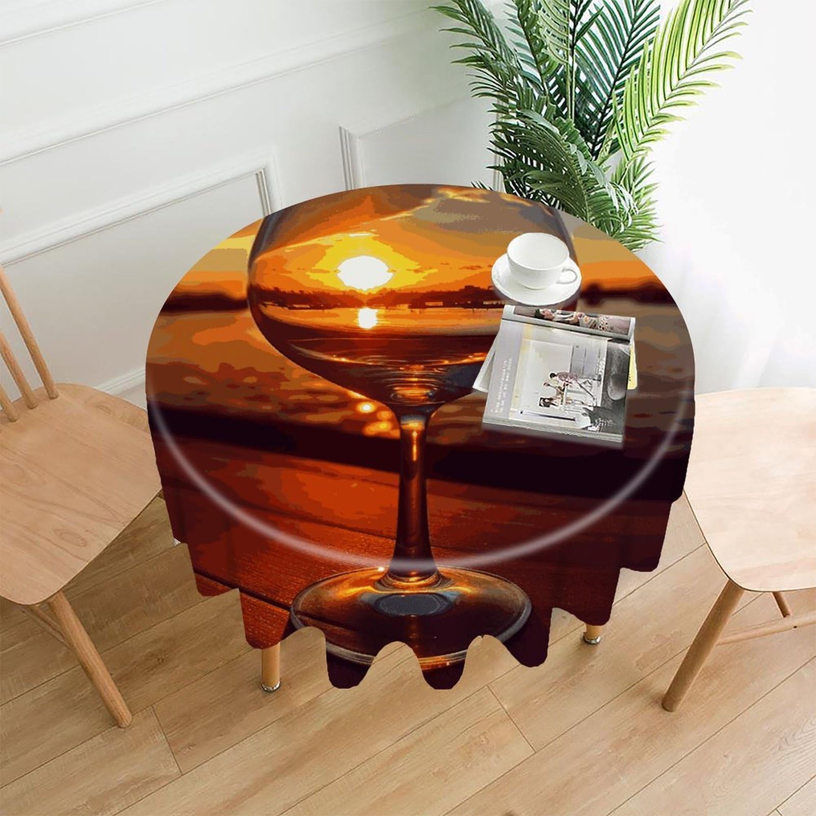 VstaDank Wine Glass in The Sunset Tablecloth Easy to Clean Polyester Round Table Cover Washable Round Table Cloth Wrinkle-Free Circle Decoration Tablecloth for Kitchen Dining Room 60"