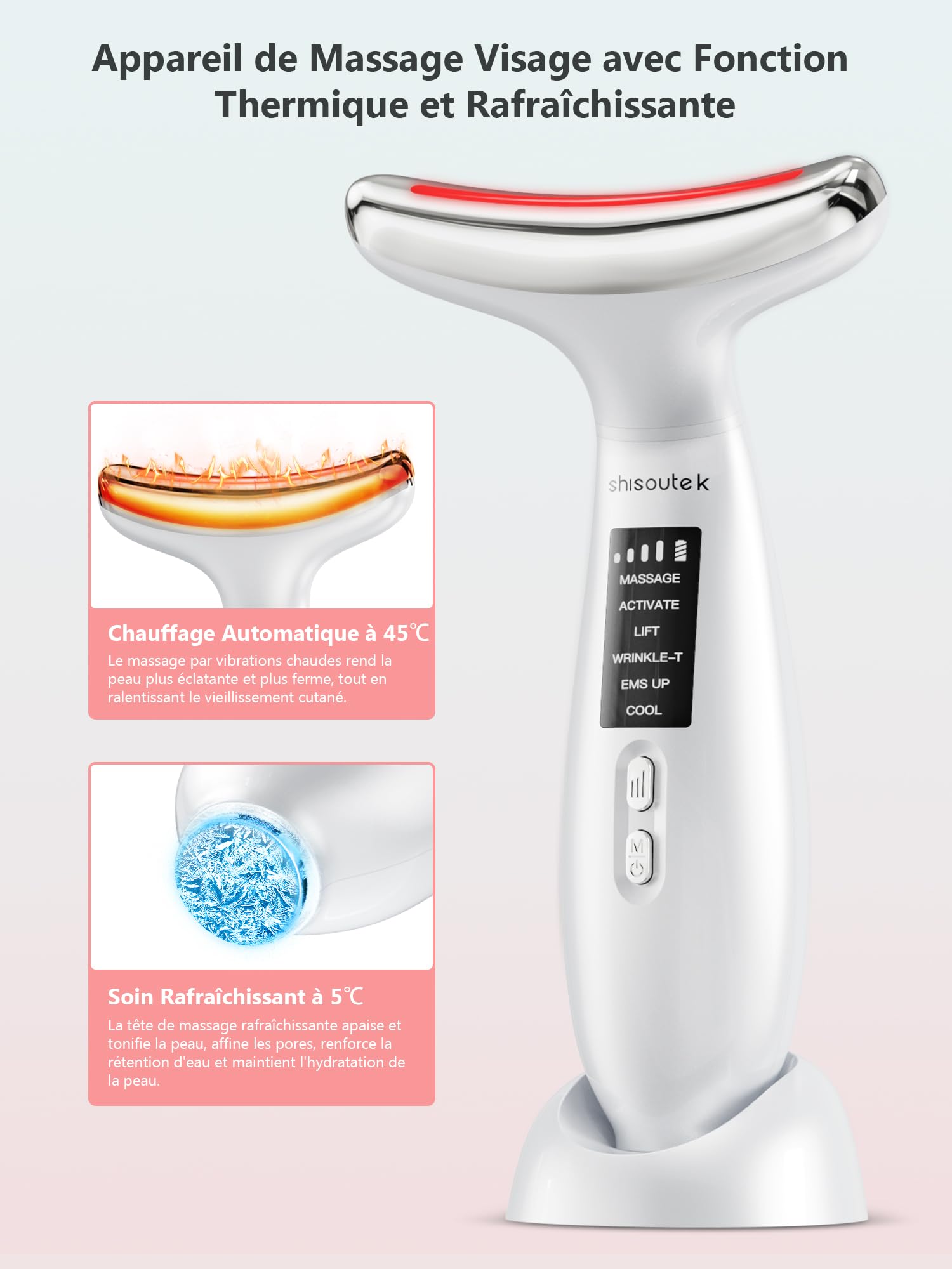 Appareil Anti Rides Visage Massage: Masseur Double Menton Lifting à 5°C Froid et 45°C Chaleur - Appareil de Beauté Electrique à 6 Modes LED 4 Couleurs - Visage Cou EMS Anti-Âge Raffermissement Massage
