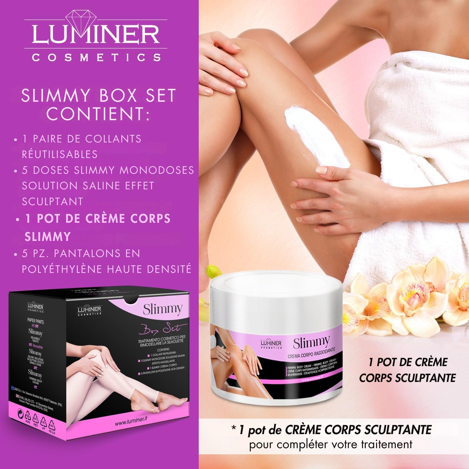 Luminer Slimmy Set Box – avec 5 Collants de Soin Réutilisables, Sel de la Mer Morte, Pantalon de Soin, Crème Raffermissante, Soin Silhouette