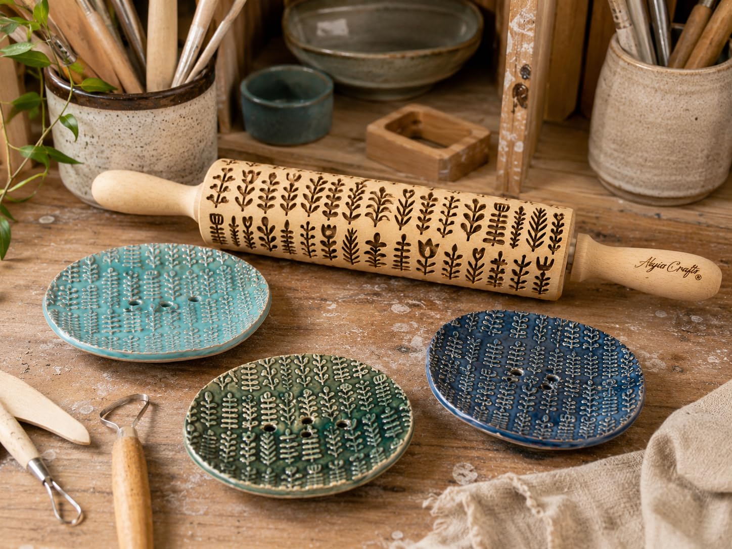 ERBE AROMATICHE Mattarello Decorativo per Biscotti | Mattarello Inciso | Rullo per Biscotti e per Modellare | Mattarello Legno Goffrato di Algis Crafts