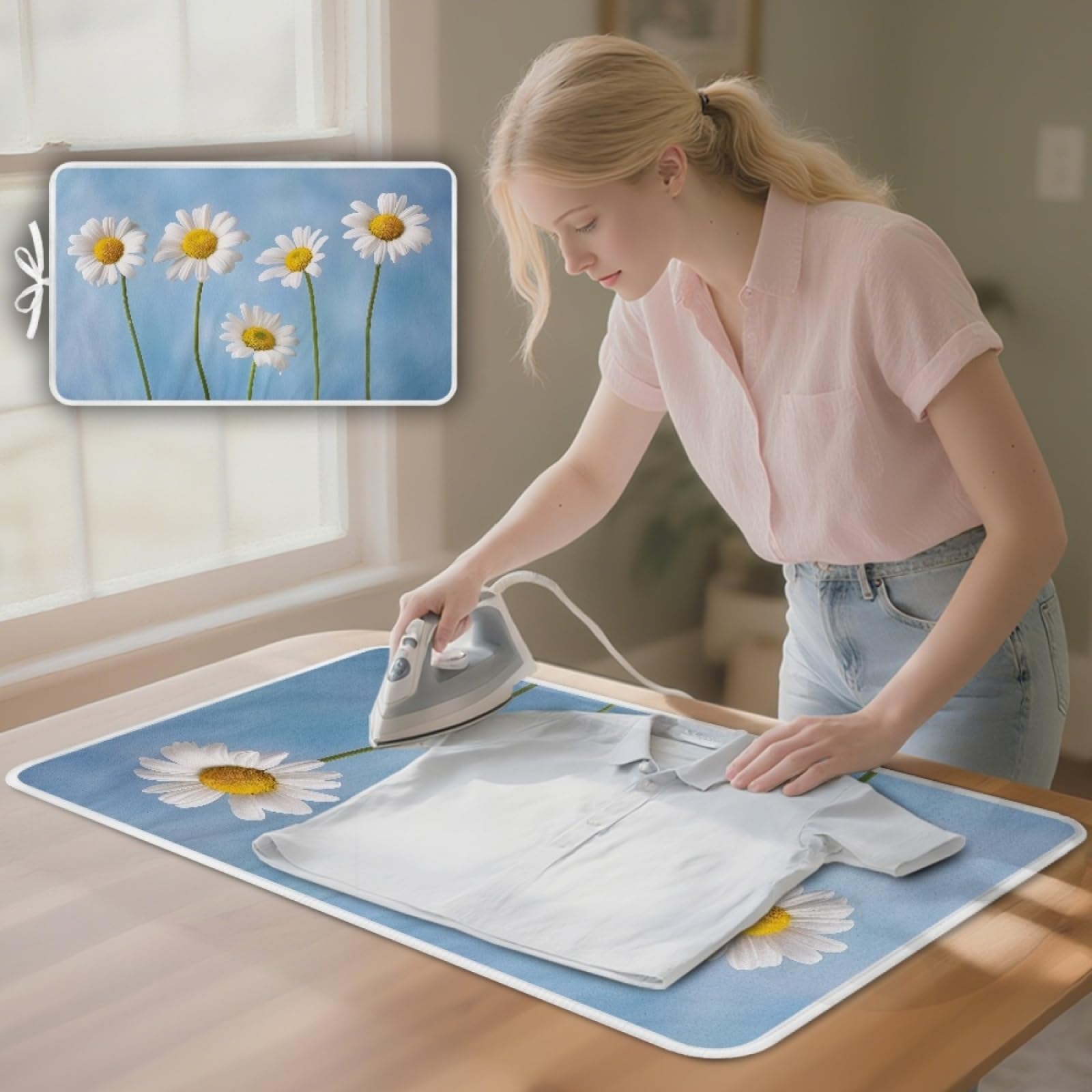 Bügelmatte Gelbe Weiße Blumen Bügeleinlage Faltbares Hitzebeständig Waschbar Bügelauflage für Tisch und andere Oberflächen Bügelbrett Unterlage rutschfeste Bügeldecke 80x50cm (2 Stück)