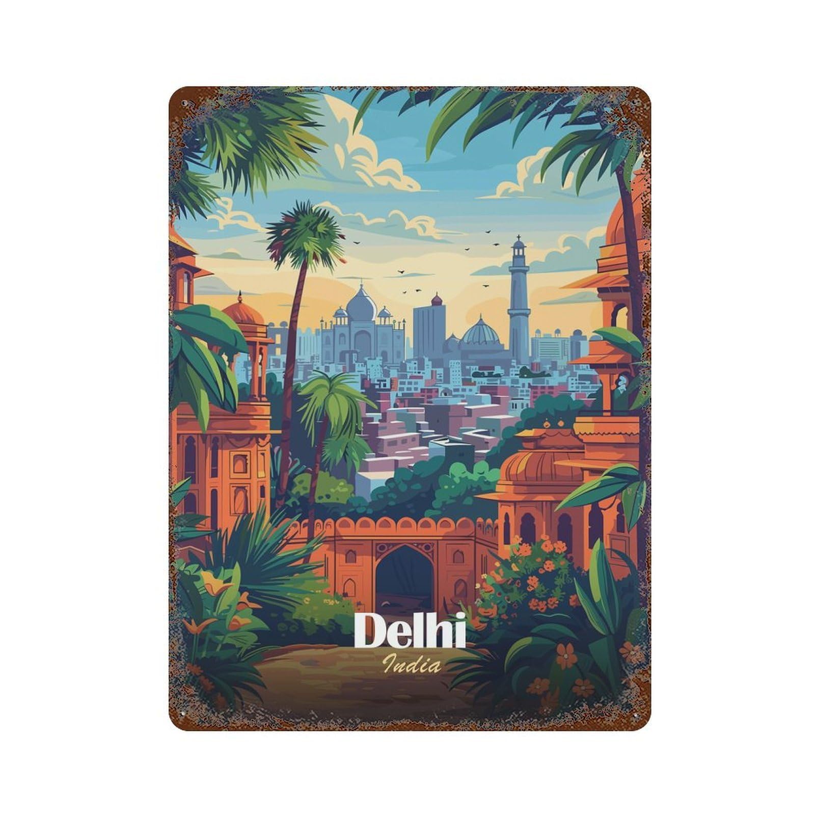 Delhi, India Cityscape Illustration Aged Metal Wall Plaque 15.7"x11.8", Old School Wall Decor for Garage, Pub Or Kitchen