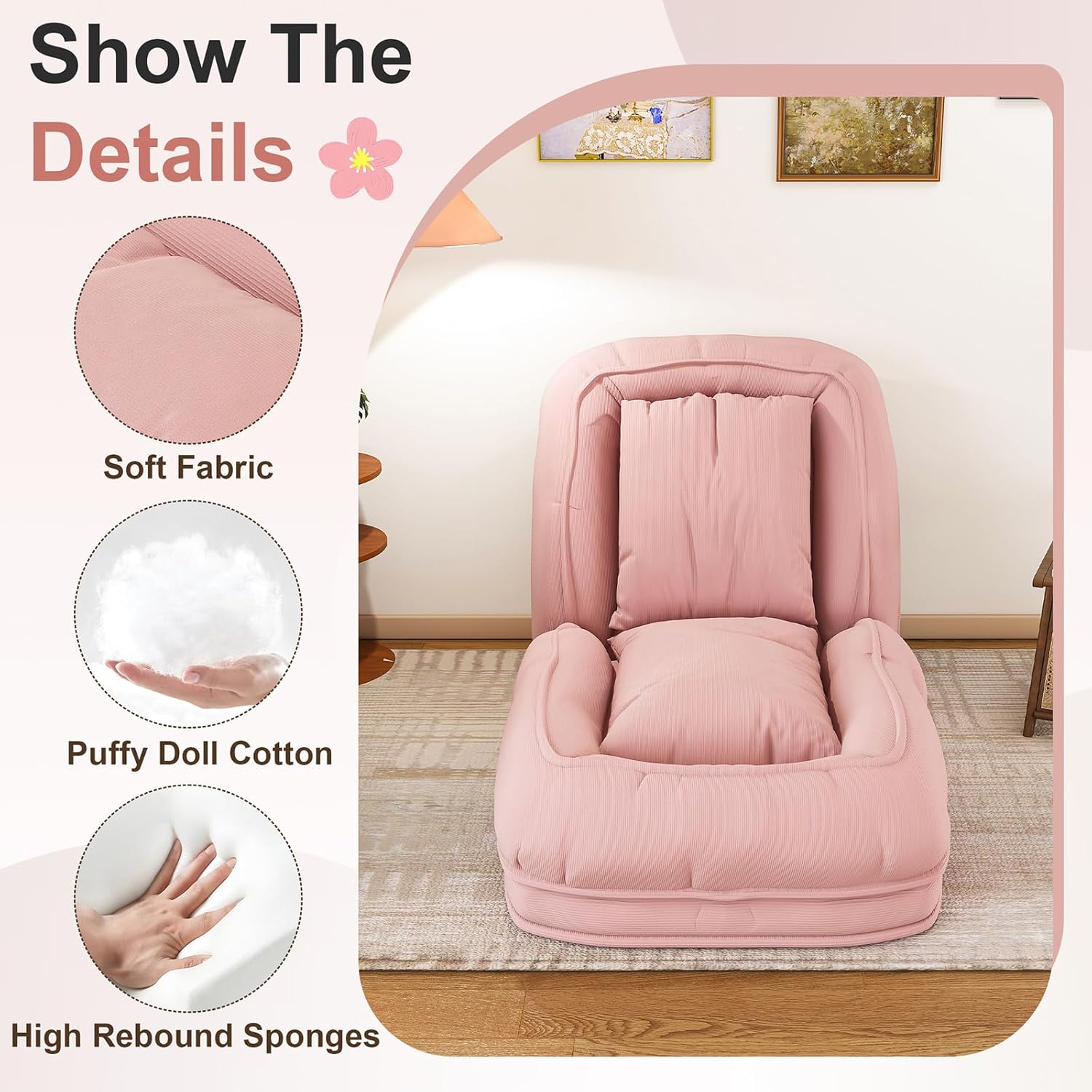 Human Dog Bed with Adjustable Backrest, Corduroy Giant Dog Bed for Adults and Pets, Large Lazy Floor Chair with 2 Soft Pillows, Comfy Tatami Lounge Chair for Living Room, Reading Room, Bedroom (Pink)