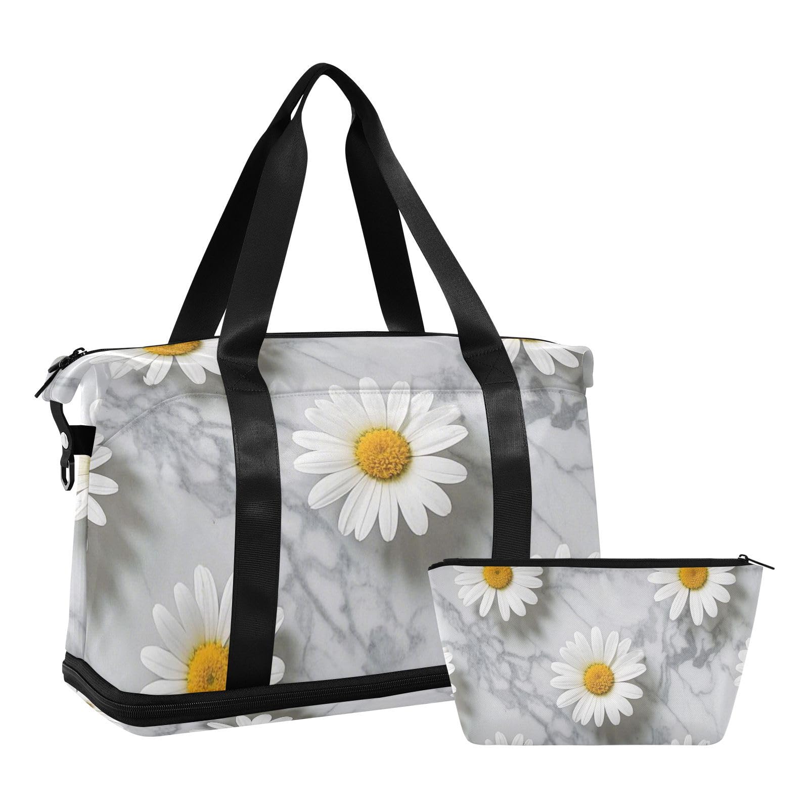 Bolsa de transporte con diseño de margaritas blancas sobre fondo de mármol gris con bolsillo húmedo y correa ajustable, para entrenamiento, juego de 2 piezas para hombres y mujeres