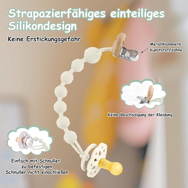 DOUUCO Lot de 3 Attache Tetine Silicone, Attache Sucette avec Une Seule Pièce Silicone, Accroche Tétine Bebe, sans BPA, pour Garçons et Filles Pacifier Chain Chaîne (Gris Clair + Vert + Kaki) - 4