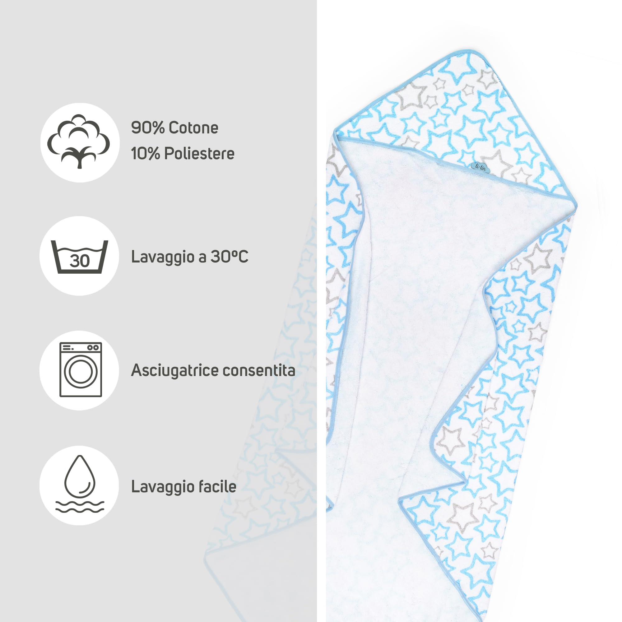 Ti TIN Asciugamano Da Bagno Per Bambini con Cappuccio 100% Cotone | Asciugamano Per Bambini con Cappuccio Morbido e Assorbente con Un Design a Stelle Azzurro, 100x100 cm