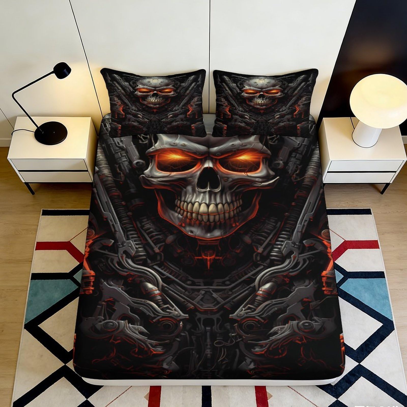 3D Printed Skull Shadow Fitted Sheet Microfiber Soft Black Gothic Flame Mattress Cover for Bedroom Dorm Decor 90x200x25cm