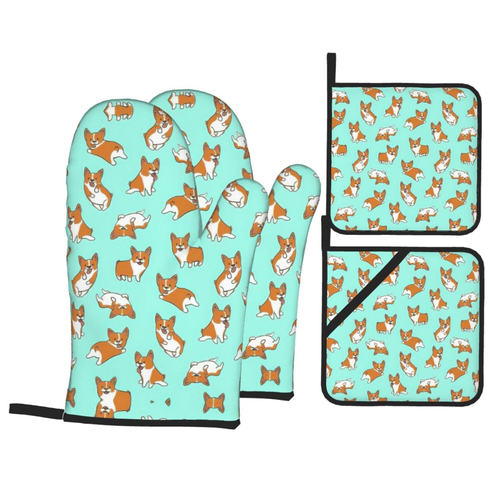 Corgi Cute Dog Print Oven Microwaving Waterproof Kitchen Gloves for Baking Grilling Holiday Cooking