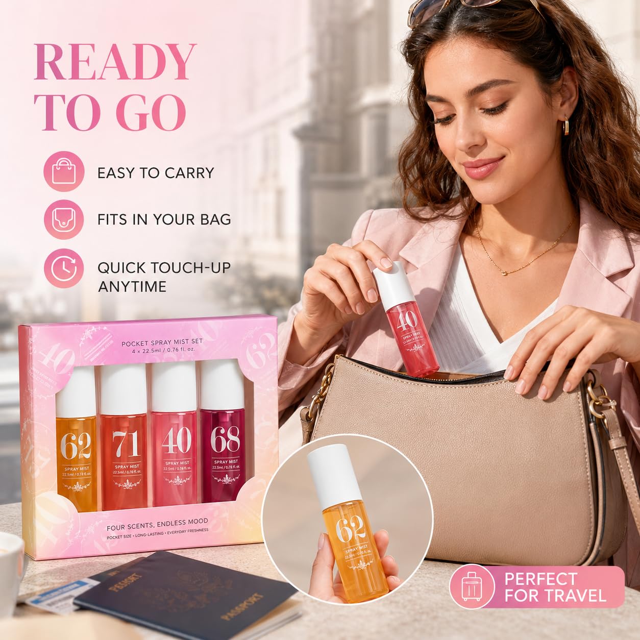 Pocket Spray Mist Set for Women, 4 Pack Mini Fragrance Mists, 22.5 mL Travel Size Body Mist Gift Set