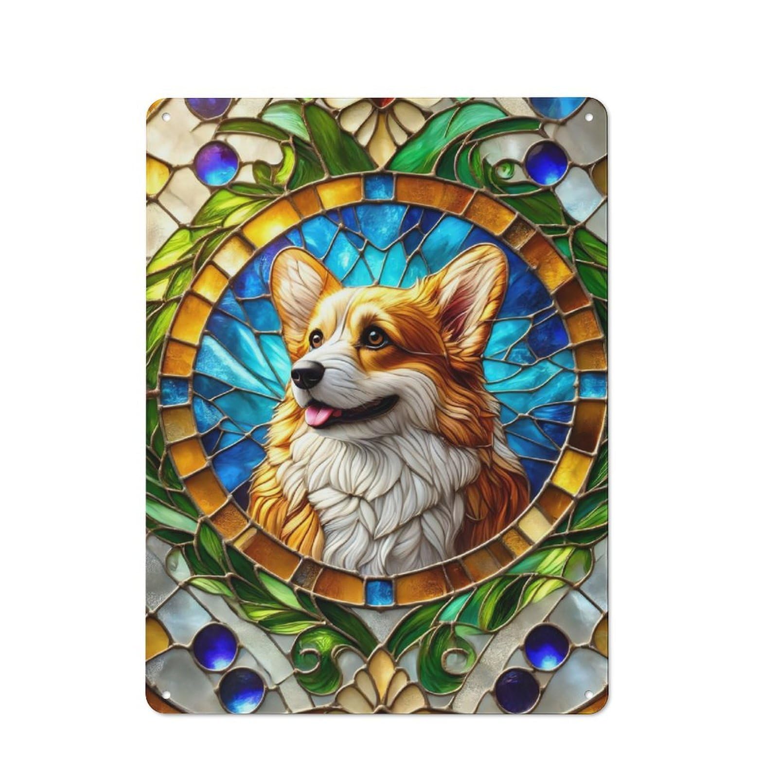 Junmoney Stained Glass Corgi Rustic Metal Sign 40X30cm Featuring For Living Room Wall, For Vintage Wall Decor Fans, For Metal Sign Collectors