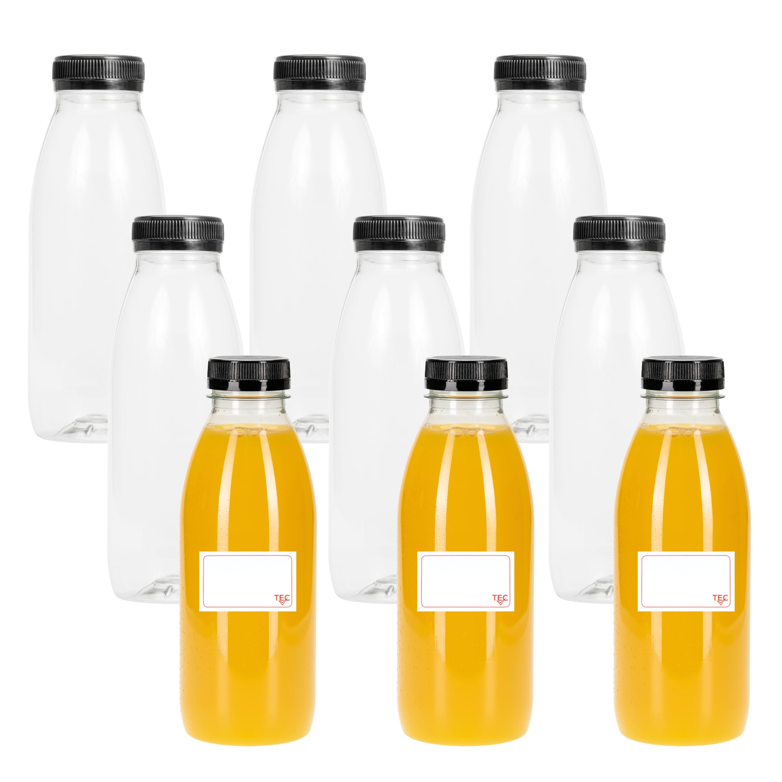 TEC Bottiglie per succhi con coperchio, 500 ml, realizzate nel Regno Unito, 30% plastica PET riciclata, vuote, rotonde, riutilizzabili, per frigorifero, bambini, adulti, acqua, latte, scatole per il