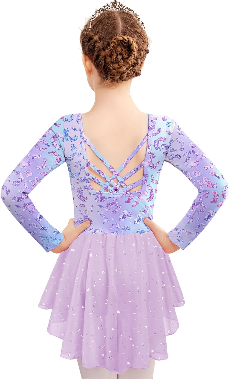 Zaclotre Girls Ballet Leotards with Shinny Skirts Long Sleeve Crisscross Back Dance Dress Outfits