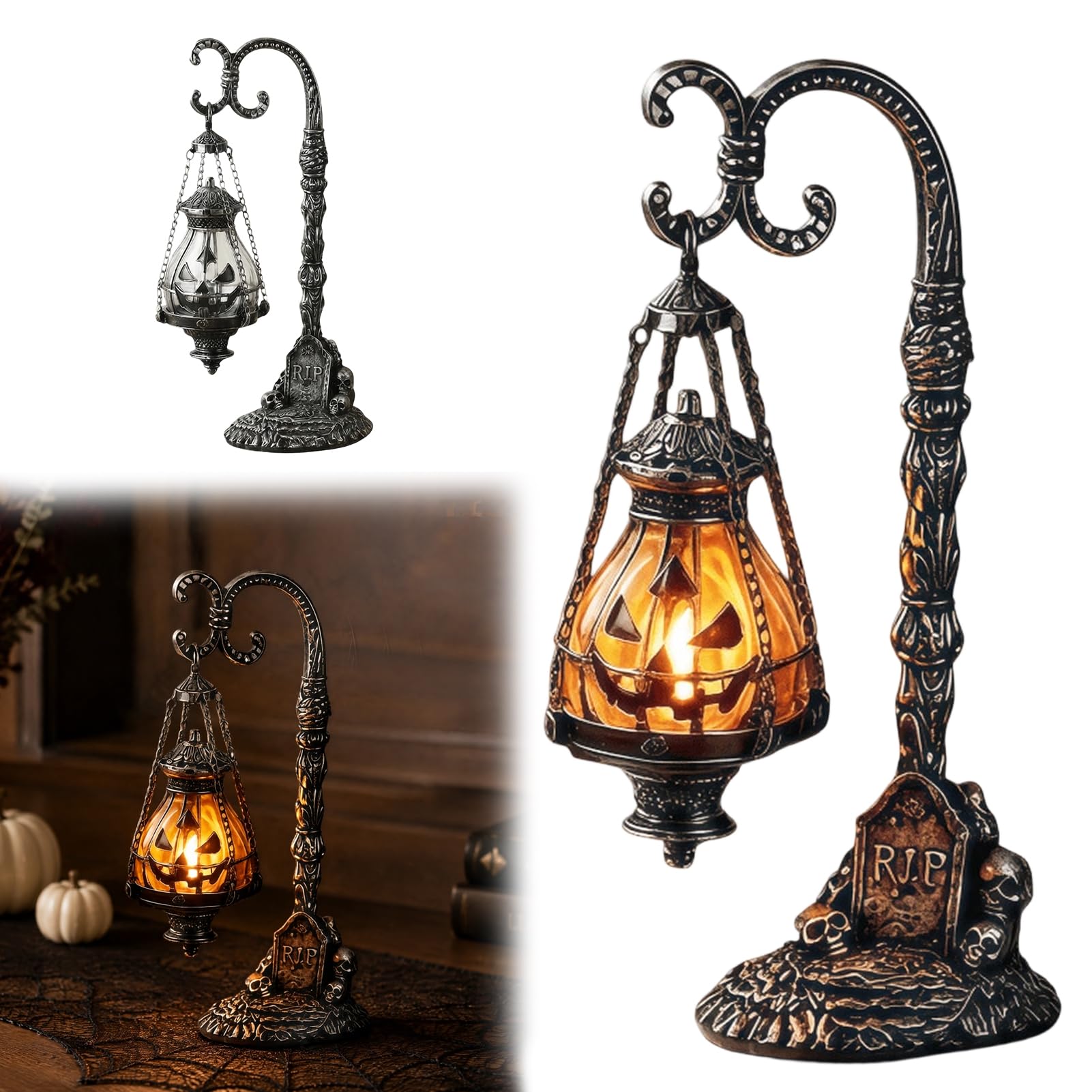 Pasisuu Gothic Pumpkin Lamp, Resin Decorative Lantern for Halloween Home