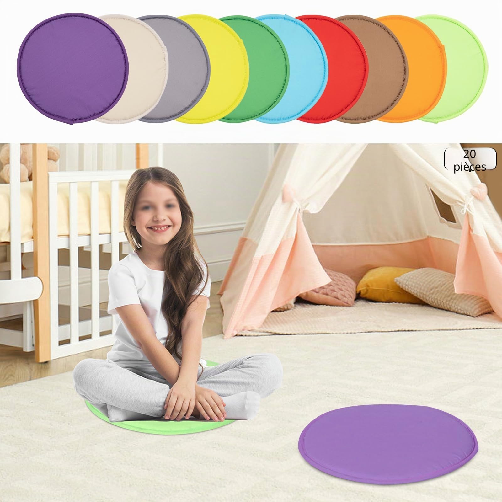 Lot de 20 Coussins de Sol Ronds 30cm – Galettes Siège Empilables en Polyester & Éponge 18mm, 10 Couleurs, Tissu Respirant sans Odeur, Chambre Enfant Maternelle Classe Flexible