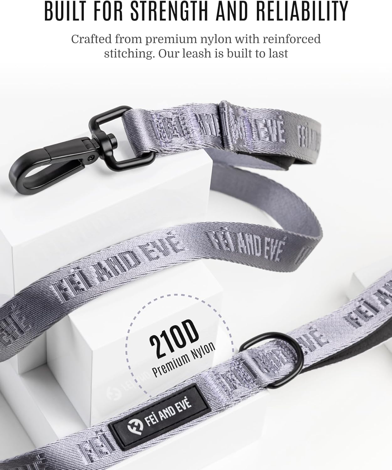 Fei & Eve Classic Dog Leash - 6FT, Dual Padded Handles, 360° Swivel Hook, Heavy Duty 210D Nylon - No-Pull Design with Traffic Control Handle - for Small/Medium/Large Dogs, Gray
