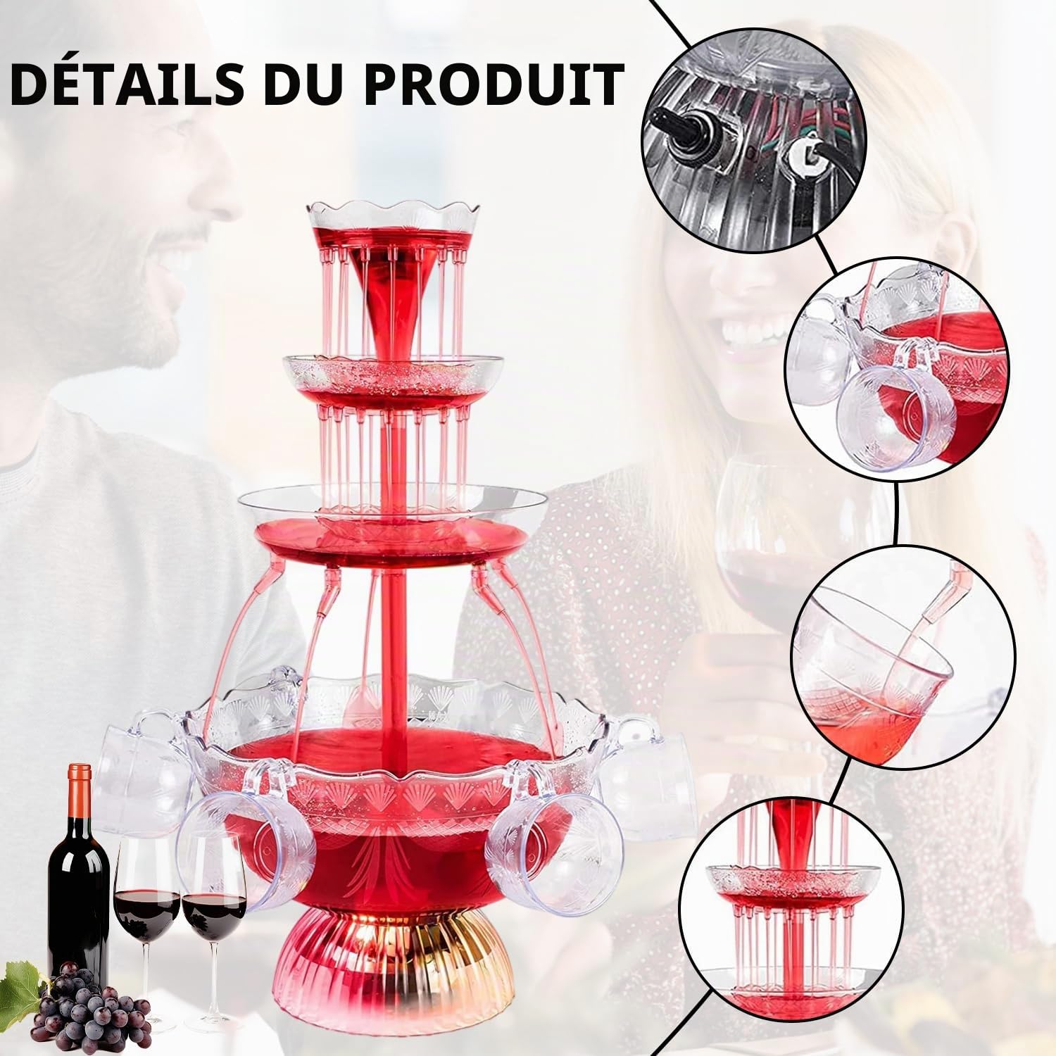 Fontaine de Fête Transparente à 3 Niveaux avec Brosse, Fontaine Cocktail avec 5 Gobelets Réutilisables, Socle éclairé par LED pour Jus et Vin pour Pubs, Fêtes à la Maison et Fêtes d'anniversaire
