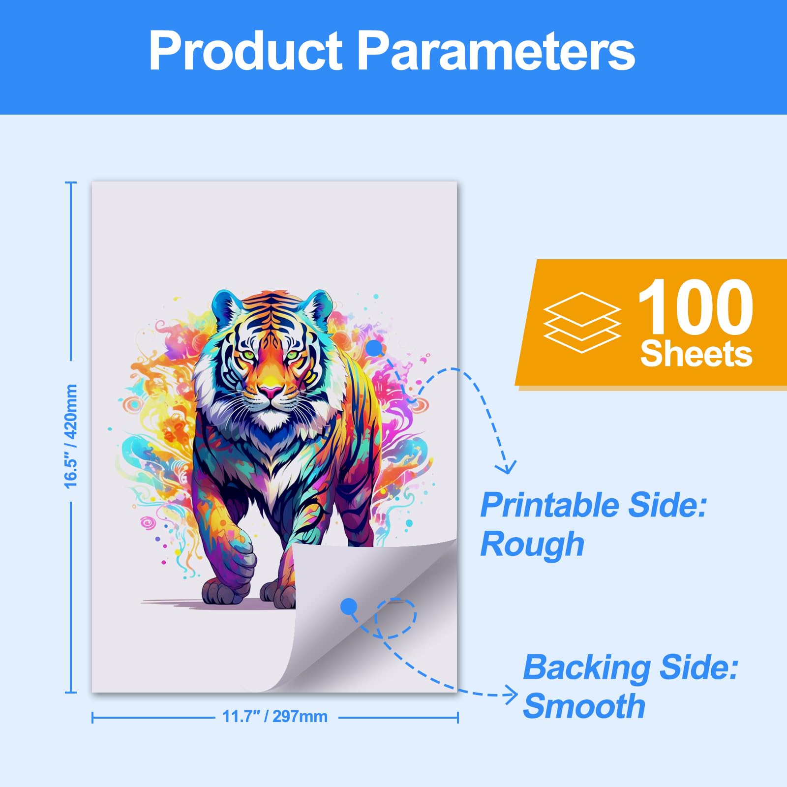 DTF Transfert Film Papier A3(29.7cm x 42cm),100 Feuilles de DTF Transfer Papier pour Epson Inkject Drucker, Film de Transfert Thermique PET direkt sur T-Shirts & Textile