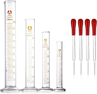 Rngeo Glass Graduated Cylinders, Pack of 8 Cylindrical Glass Measuring & Glass Droppers Set, 4 Cylinders in 4 Sizes with Scales, 100ml, 50ml, 25ml, 10ml, 4 Glass Droppers Without Scales