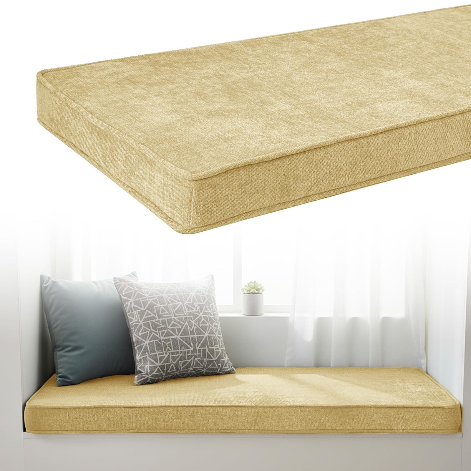 Chenille Bench Cushion 5cm Thick, Anti-Slip Bay Window Seat Pad 200x40x5cm