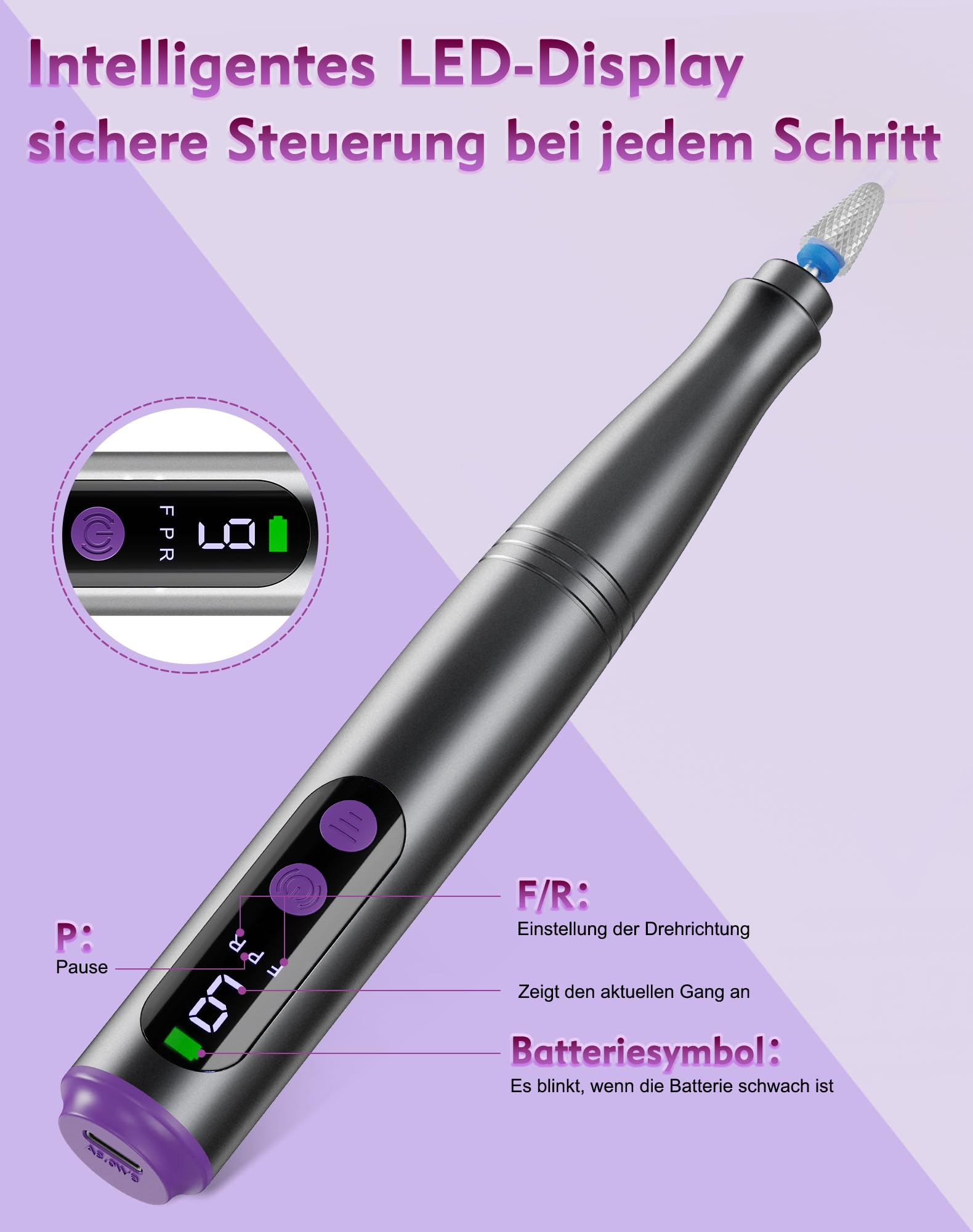 Nagelfräser Set Elektrisch mit LCD Display, Elektrische Nagelfeile Kabellos USB-C Wiederaufladbar, 9 Geschwindigkeiten bis 20000 U/min, Nagelschleifer für Gelnägel, Acrylnägel, Maniküre, Pediküre