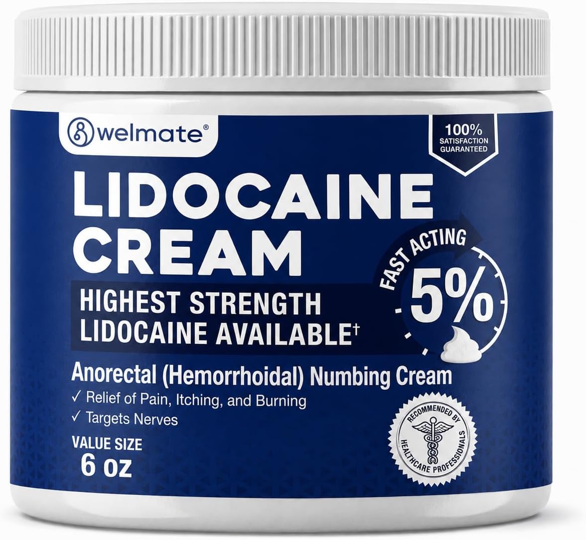 WELMATE 5% Lidocaine Cream for Hemorrhoids, 6 oz Jar โ Fast-Acting Lidocaine Numbing Cream & Topical Analgesic Cream for Anorectal Itch Relief