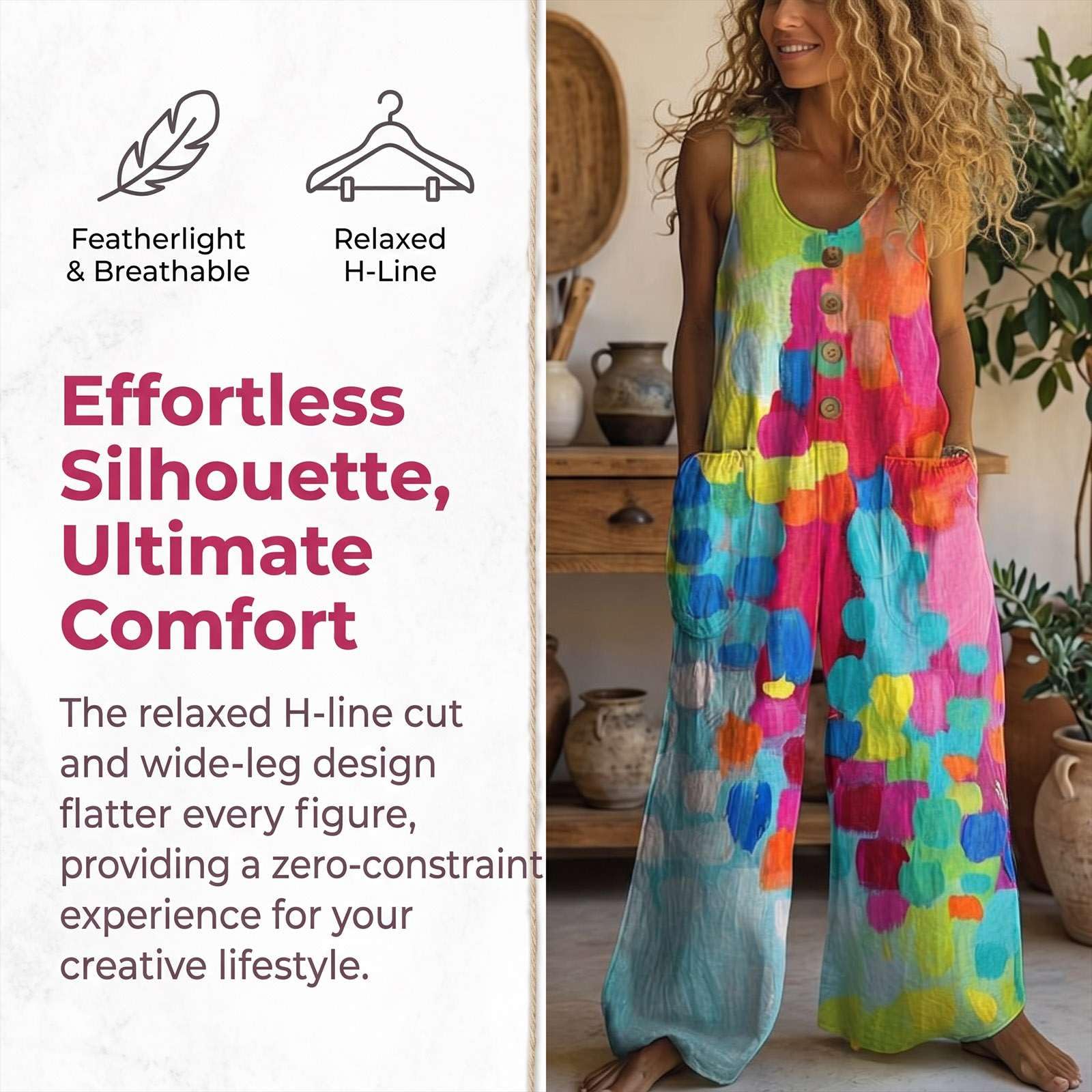 Generico Salopette Donna Estiva Lunga Boho Chic, Tuta Lino e Cotone Senza Maniche con Tasche e Bottoni, Jumpsuit Gamba Larga Stampa Astratta Multicolore, Tuta Intera Comoda per Mare e Vacanze
