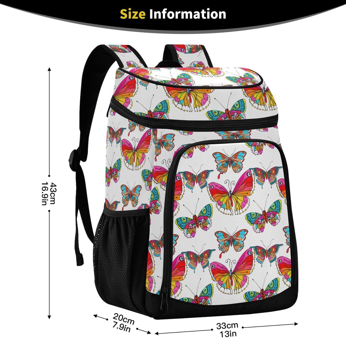 Colorful Butterfly White Cooler Backpack Leakproof Insulated Lunch Cooler Bag 30 Cans Camping Backpacks for Beach Road Trip Picnic
